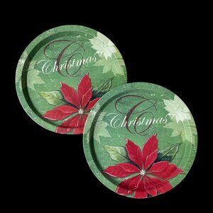 Christmas Serving Trays Poinsettia Metal Set Of 2 Holiday Decor Red Green